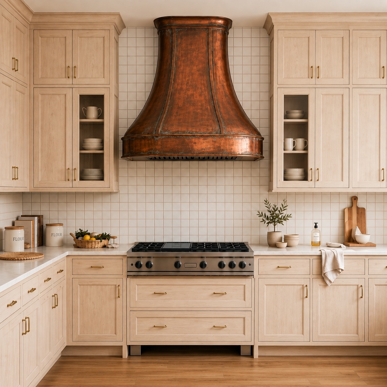 Handmade copper range hood in a kitchen with warm patina, artisan surface variation, and custom metalwork