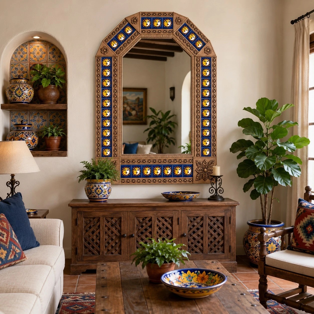 Hexagonal tin tile mirror from Mexico