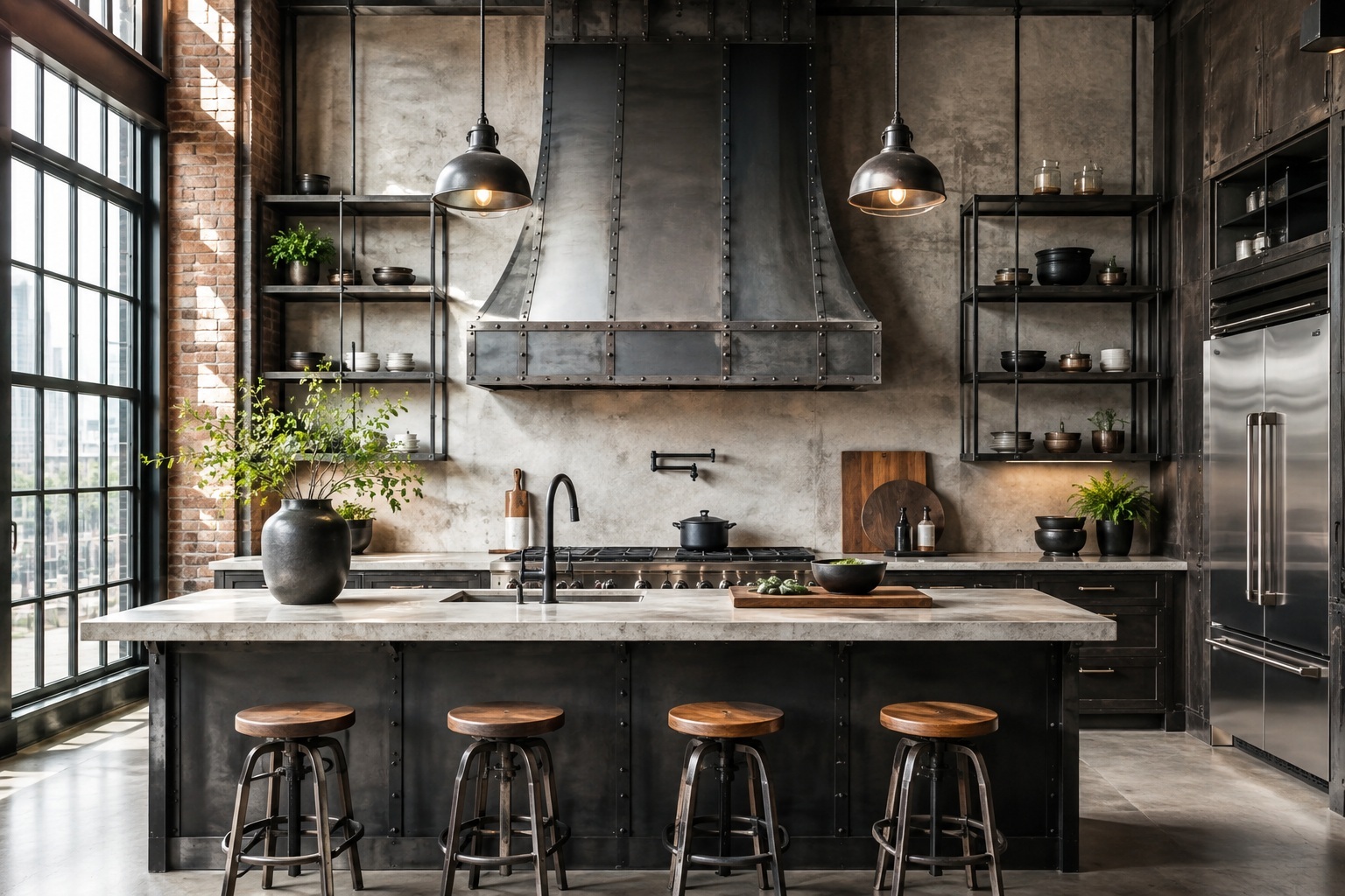 Industrial zinc range hood in a kitchen