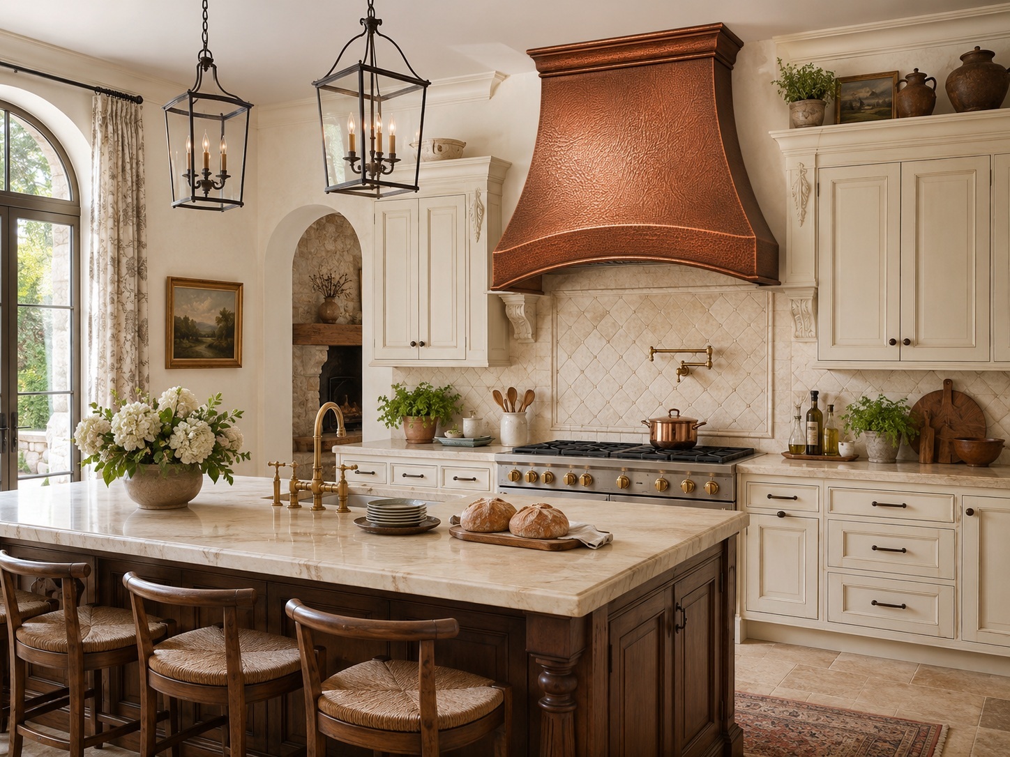 Arched copper range hood with hammered finish in a European-style kitchen