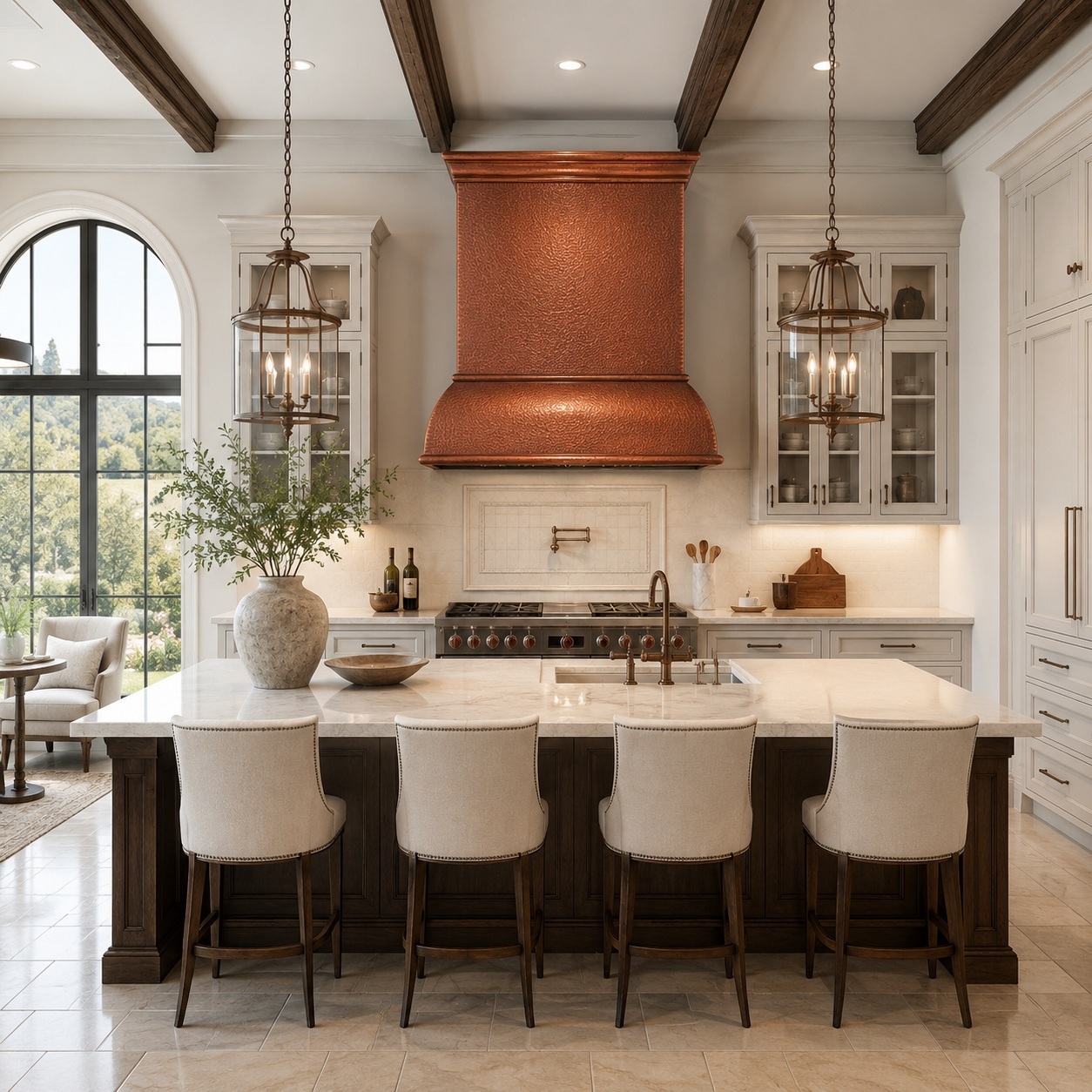 Luxury transitional kitchen with hammered curved apron copper range hood
