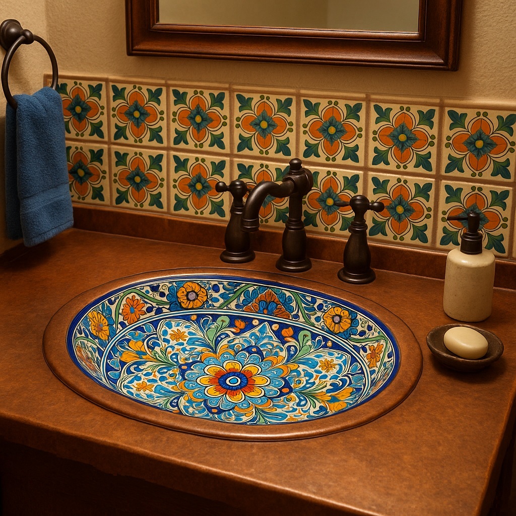 Hand-painted Mexican Talavera bathroom sink with rustic and transitional style