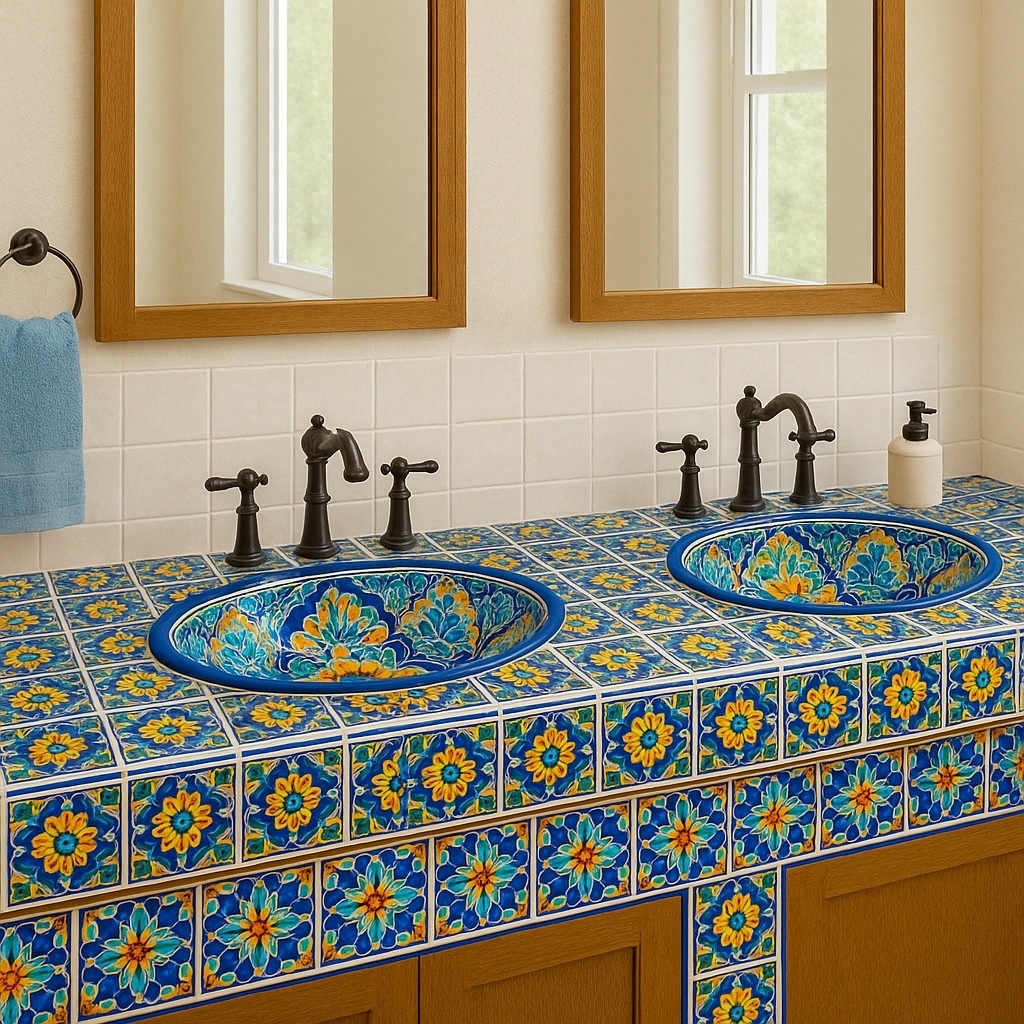 Mexican Talavera oval bathroom sinks in colorful hand-painted designs