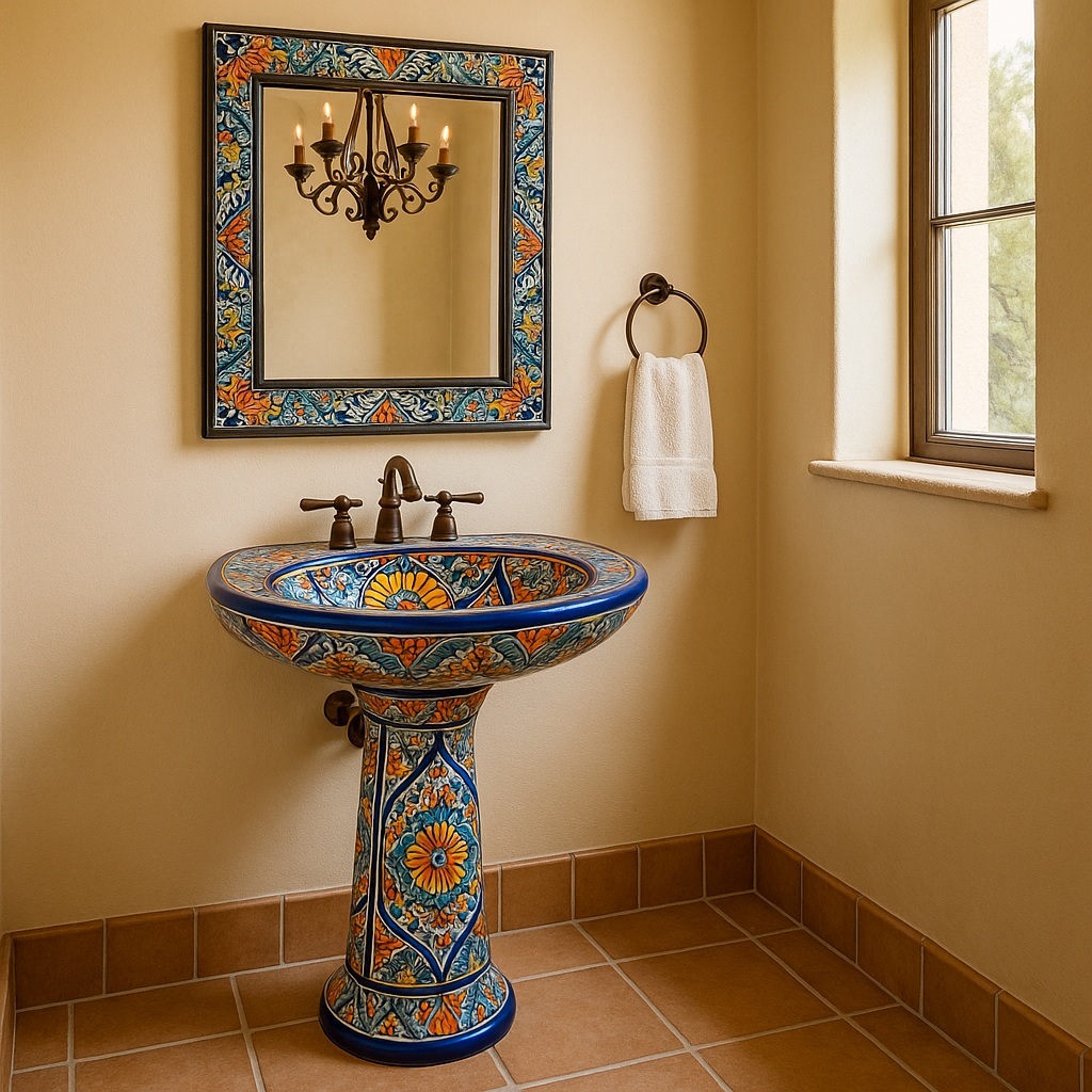 Mexican painted talavera bathroom pedestal sink