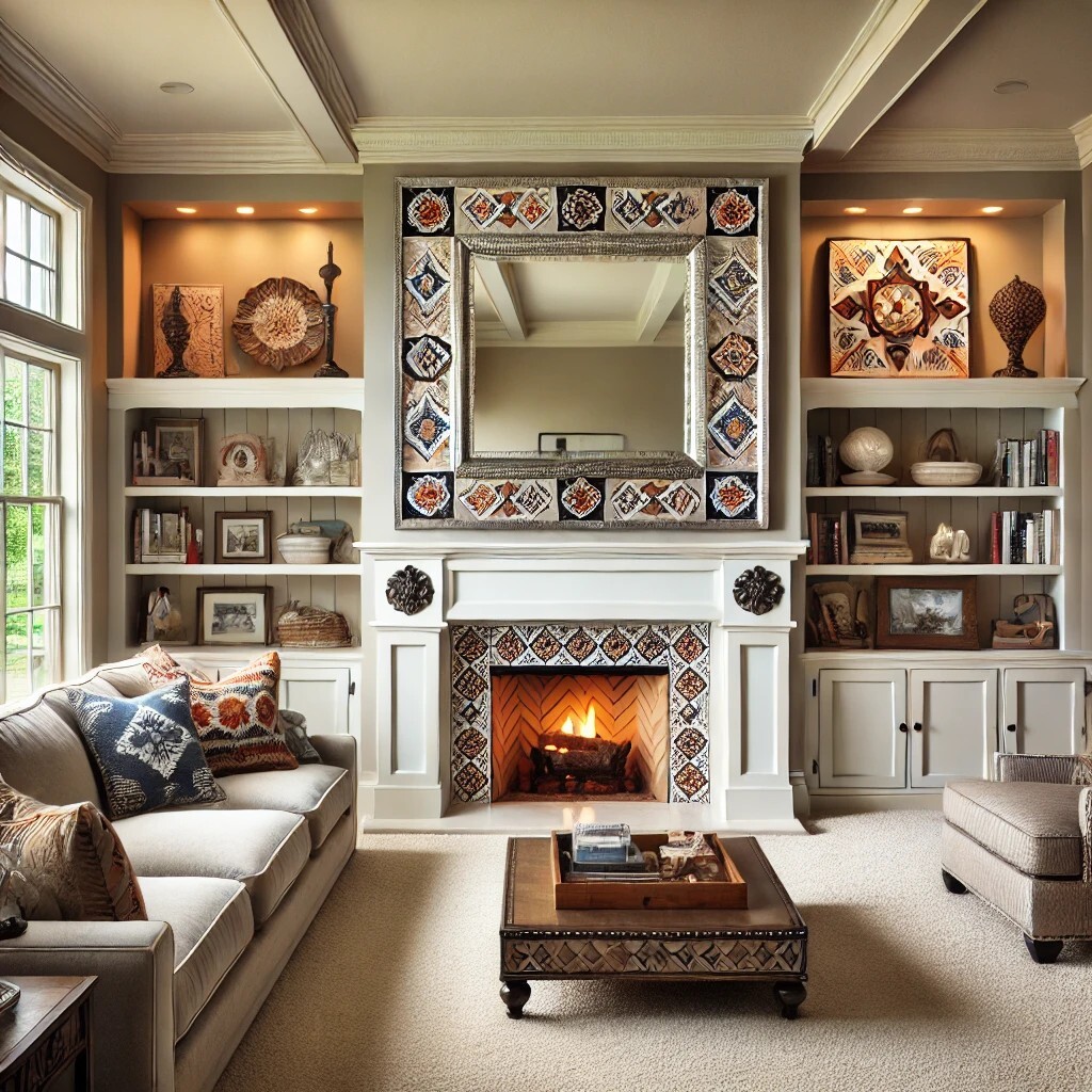 Handcrafted Mexican tile mirror with punched tin frame and Talavera tile inlays