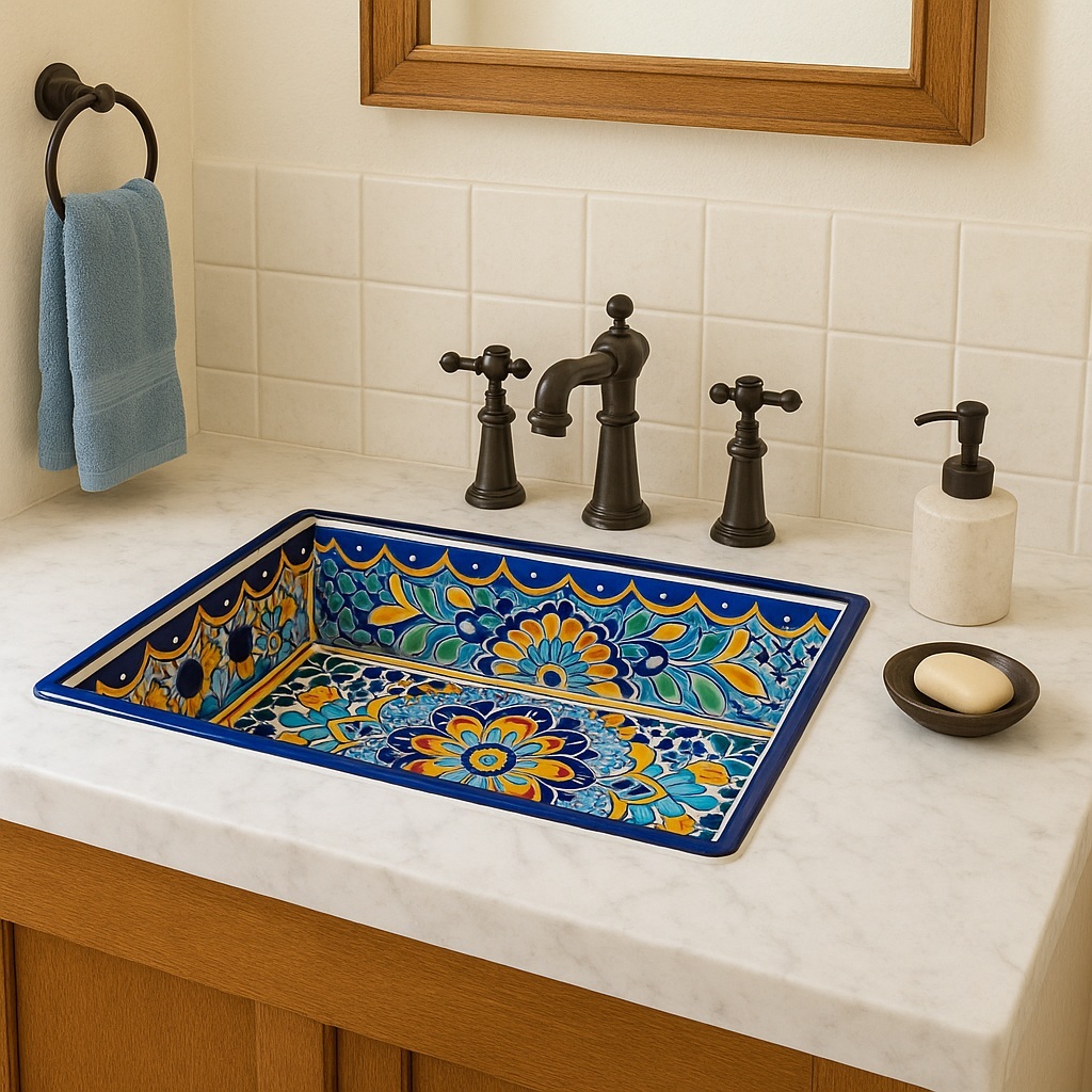 Rectangular hand-painted talavera bathroom sink