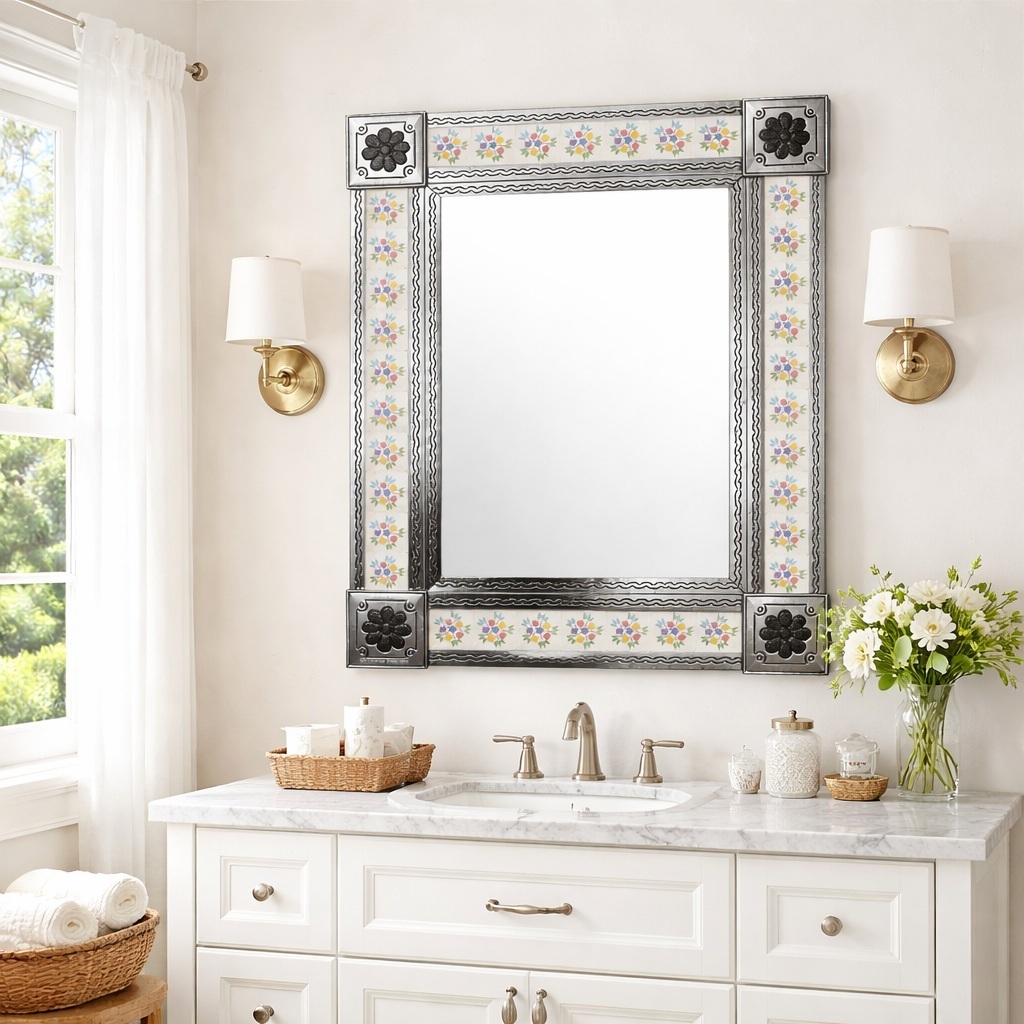 Rectangular tin tile mirror from Mexico in a bathroom above a vanity
