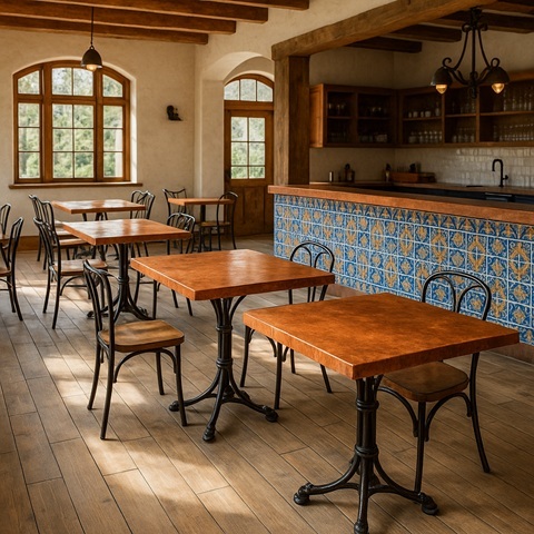 Rustic farmhouse style restuarant with a bar furnished with handcrafted furnishings