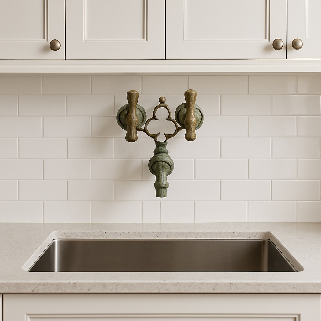 Stylish bronze kitchen faucet with a brass finish installed in a rustic kitchen.