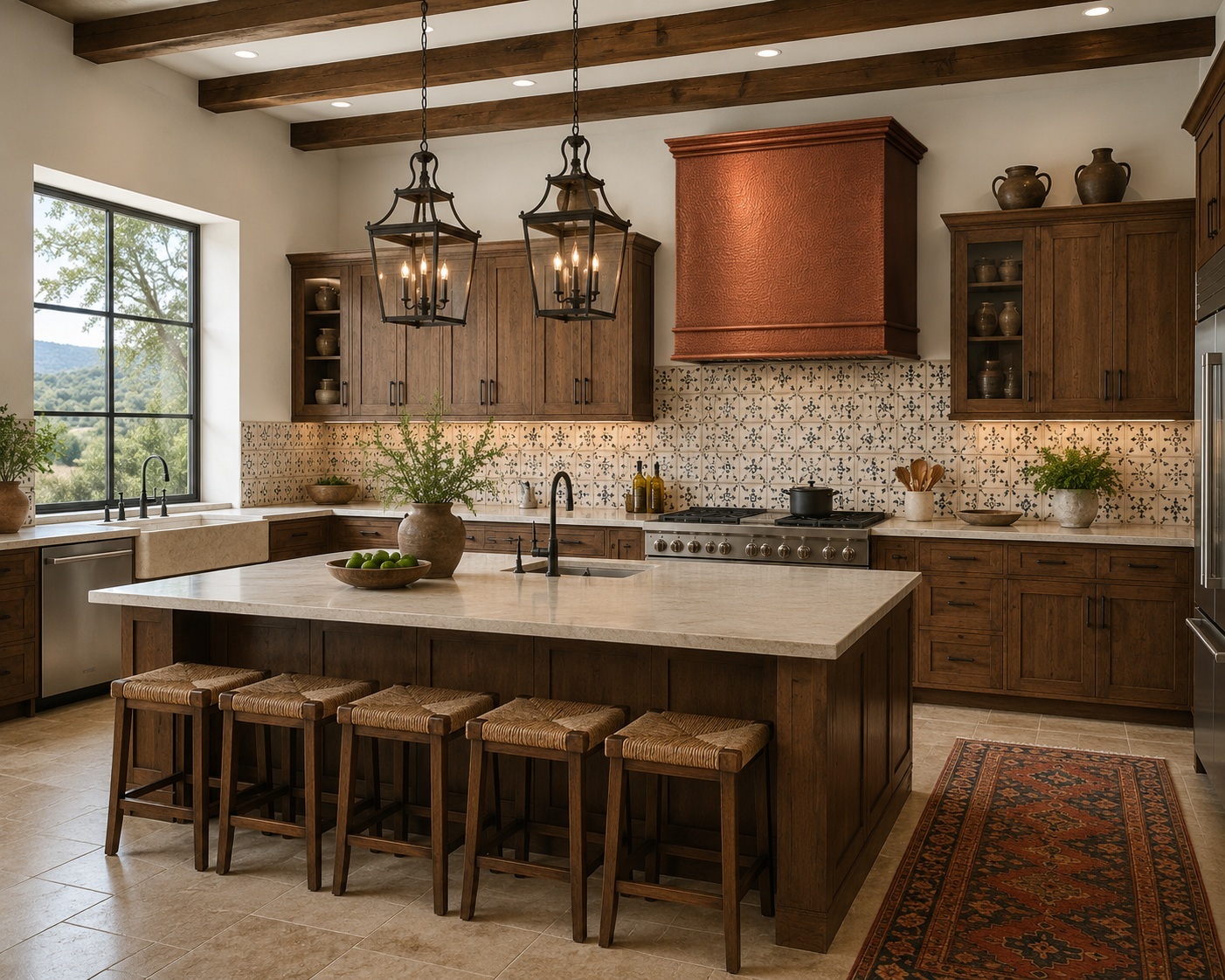 Straight box hammered copper range hood in rustic modern kitchen