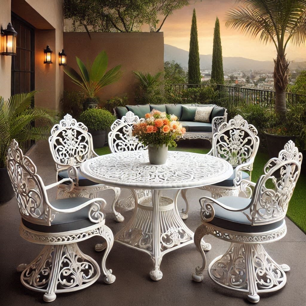 Handcrafted rustic patio furniture set with wrought iron chairs, wooden equipal and aluminum cast dining table