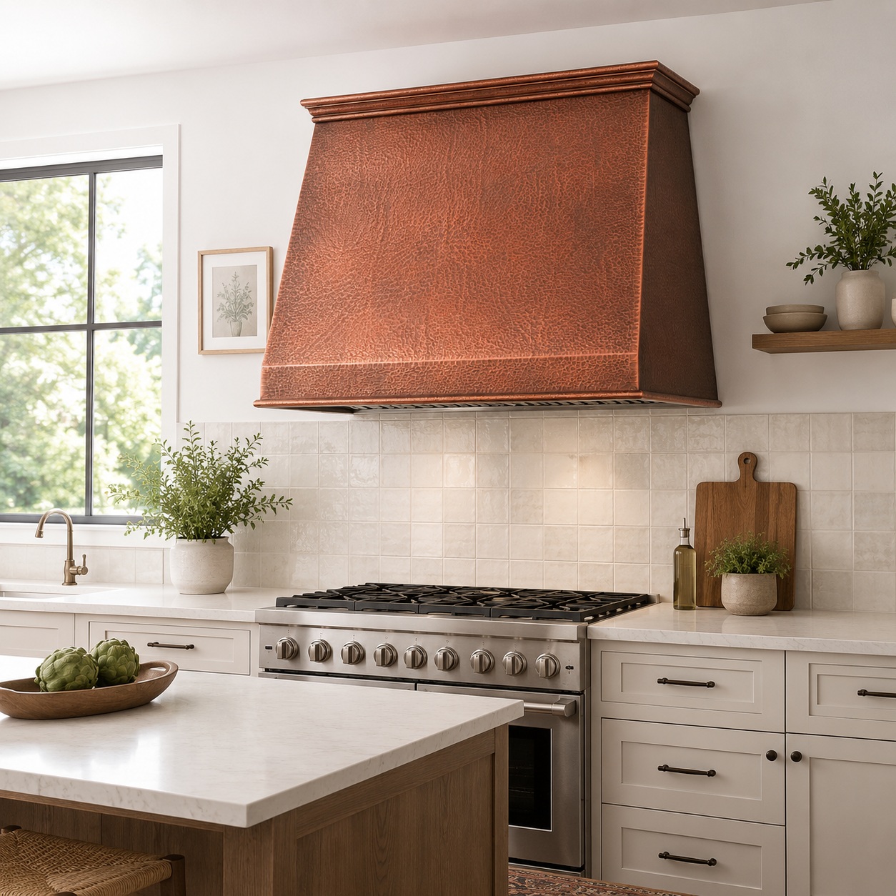 Modern suburban kitchen with a sloping front copper under-cabinet range hood