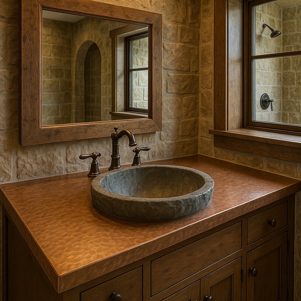 Stone bathroom sink in a rustic vanity setting with natural texture and handcrafted character