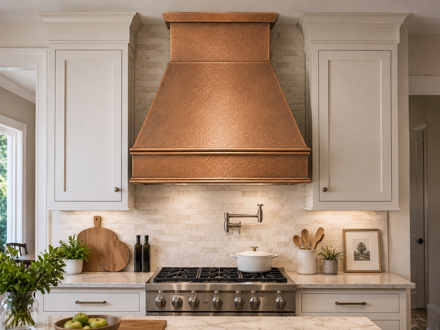 Tapered chimney copper range hood in a kitchen