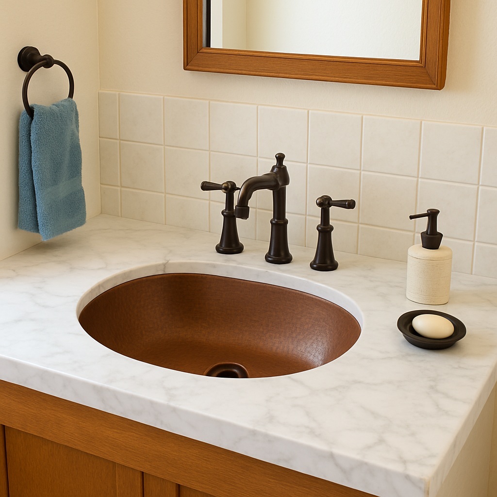 Undermount copper bathroom sink with natural finish, showing its sleek design and rustic appeal with its lip installed under the countertop