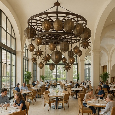 Handcrafted bar and restaurant lighting—artisan pendant lamps, wrought iron wall sconces, and punched tin lamp shades creating warm, dimmable ambience