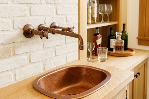 Bronzw wall mount faucet with rustic design, crafted for commercial and domestic bar use