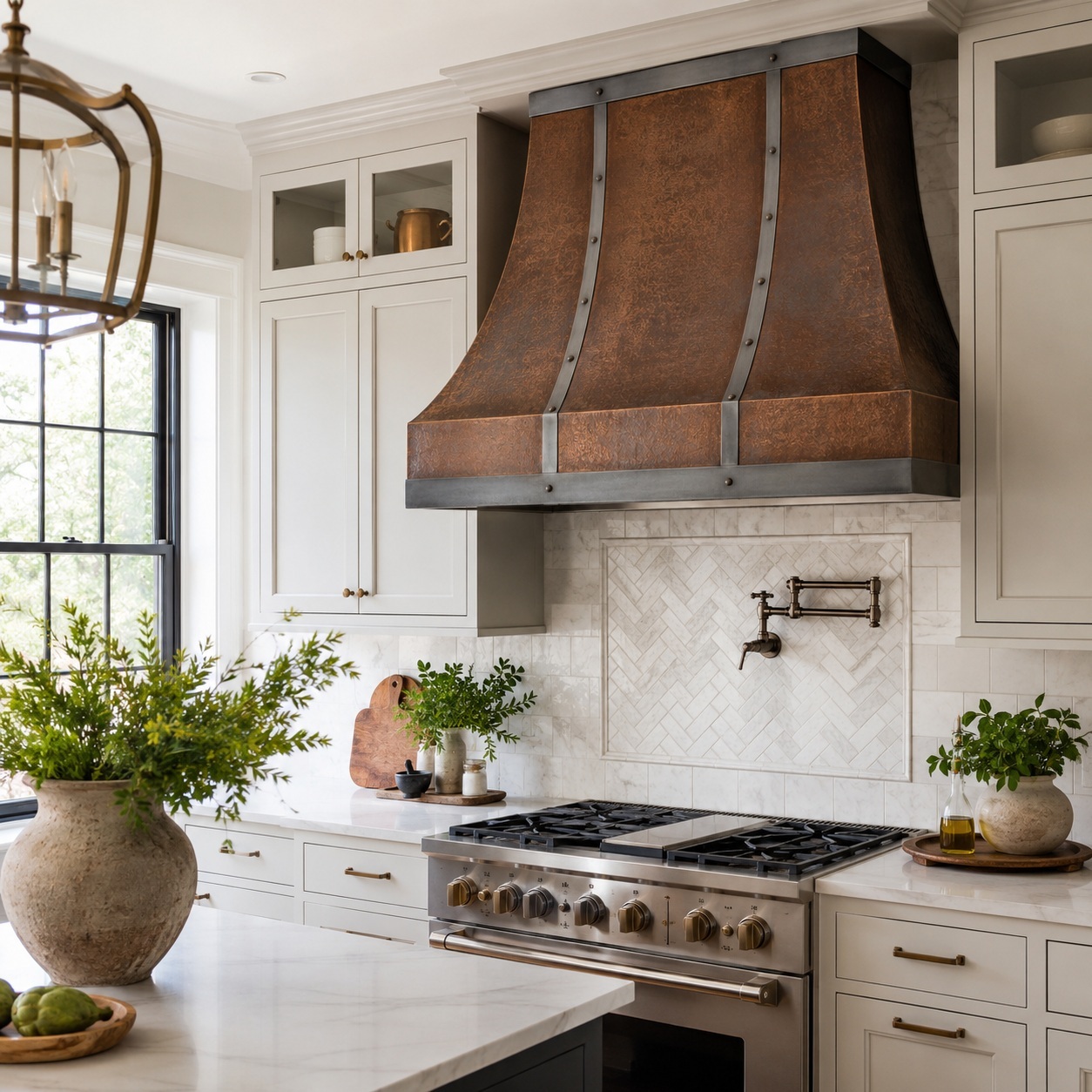 Wall island range hood in a kitchen