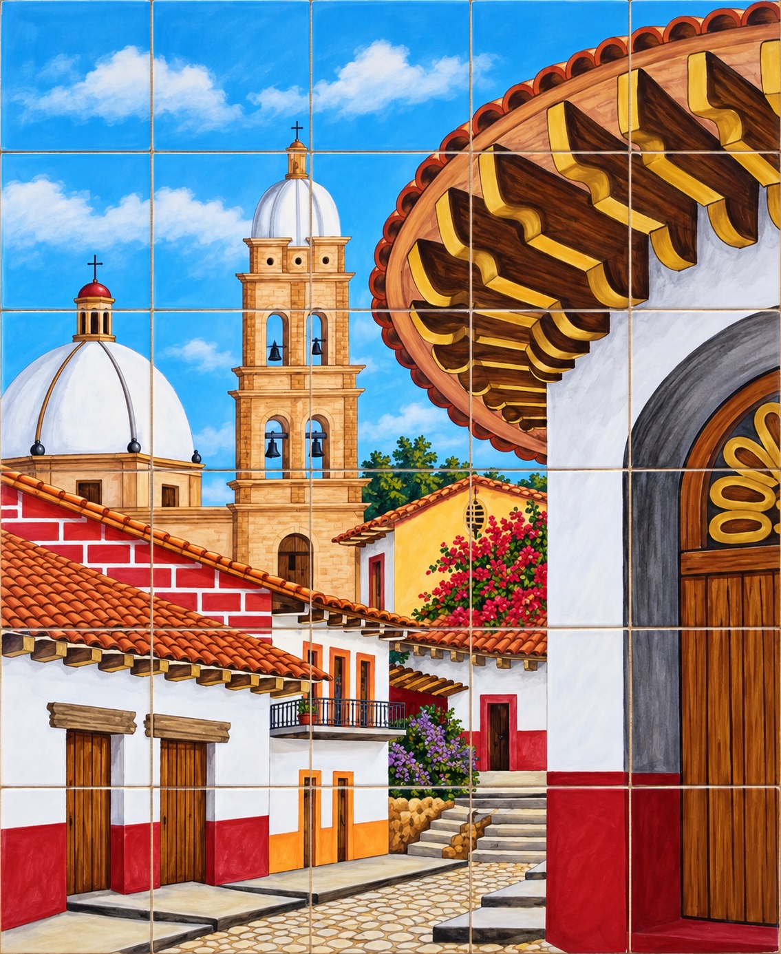 Talavera Tile Mural with Colonial Church Village Scene