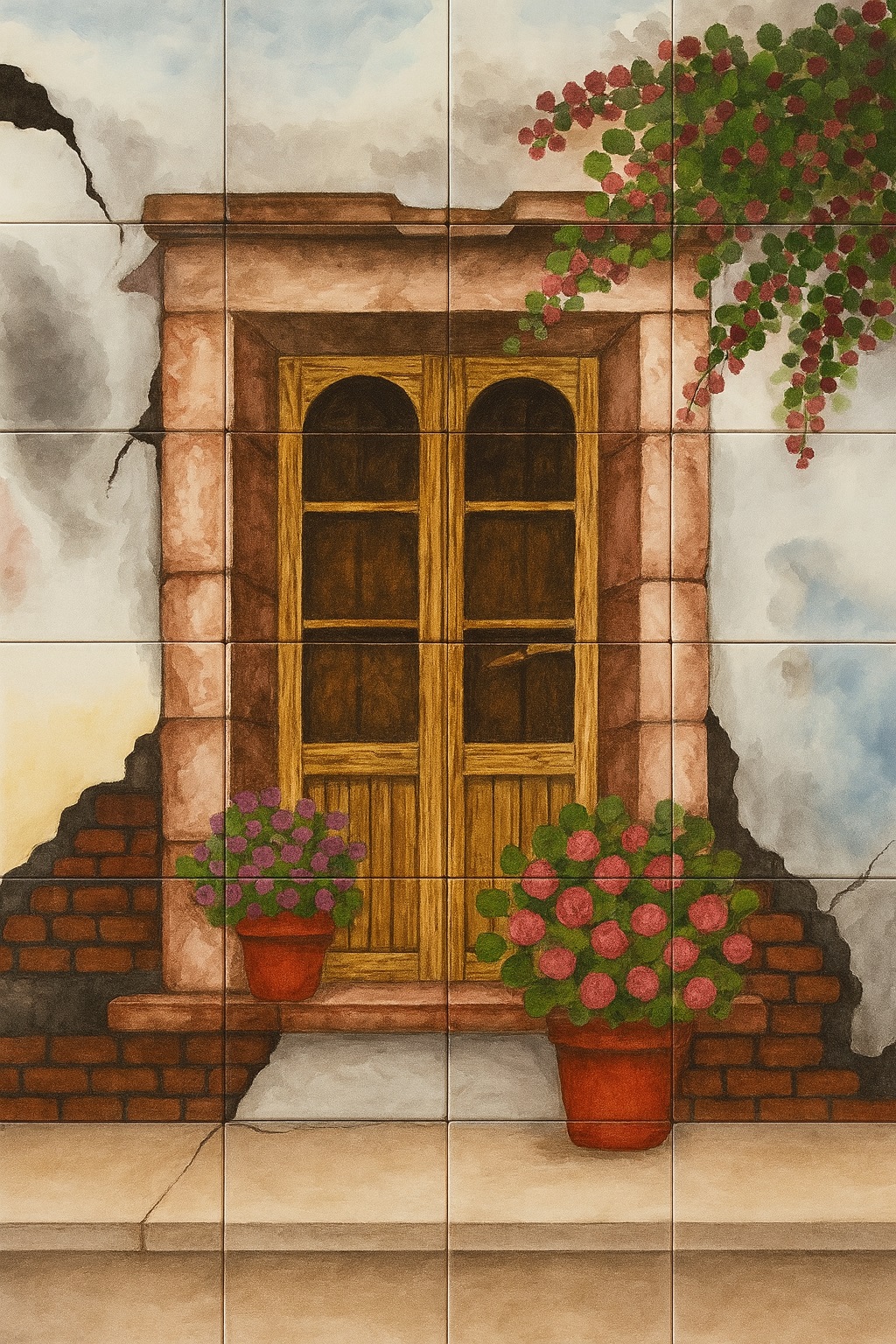 Talavera Tile Mural with Colonial Window and Bougainvillea
