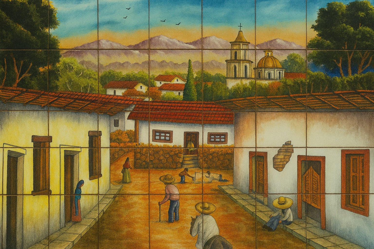 Colonial Village Mexican Tile Mural | Hand-Painted Talavera Art