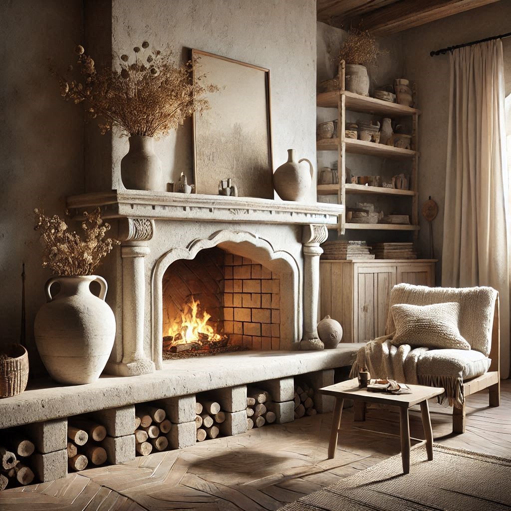 Stone Fireplace – Handcrafted volcanic stone fireplace perfect for adding warmth and rustic elegance to your home.