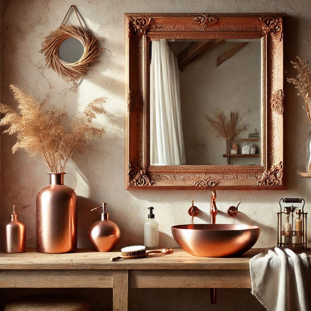 "Handcrafted hammered copper mirror with a rustic patina frame, perfect for bathrooms and entryways."
