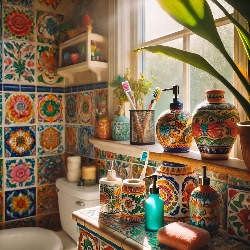 Handcrafted Talavera bathroom accessories – vibrant Mexican ceramic soap dishes, towel racks, toilet paper holders, and more.