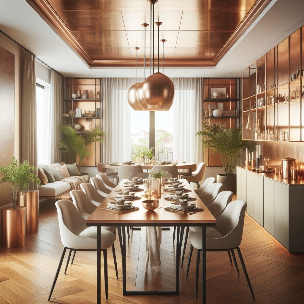 "Handcrafted copper table with a hammered surface and rustic wood base, perfect for elegant dining spaces."