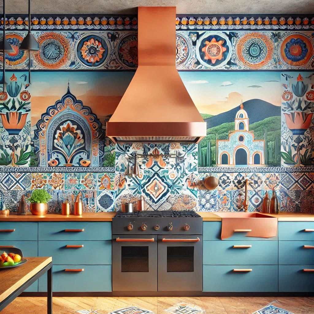 Mexican kitchen tile murals featuring vibrant colors and intricate designs, adding a touch of traditional Mexican artistry to any kitchen space.