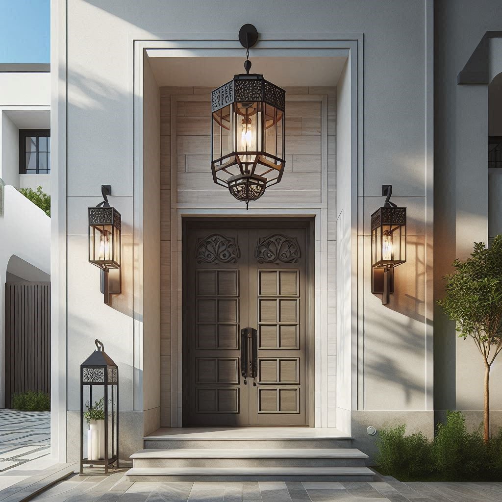 Rustic outdoor lantern handcrafted from wrought iron and aged tin, perfect for patios and entryways.
