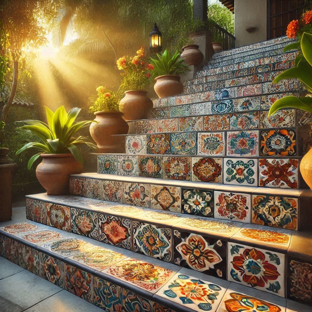 Colorful Mexican Talavera tiles adorning a staircase riser, showcasing vibrant hand-painted floral and geometric patterns.