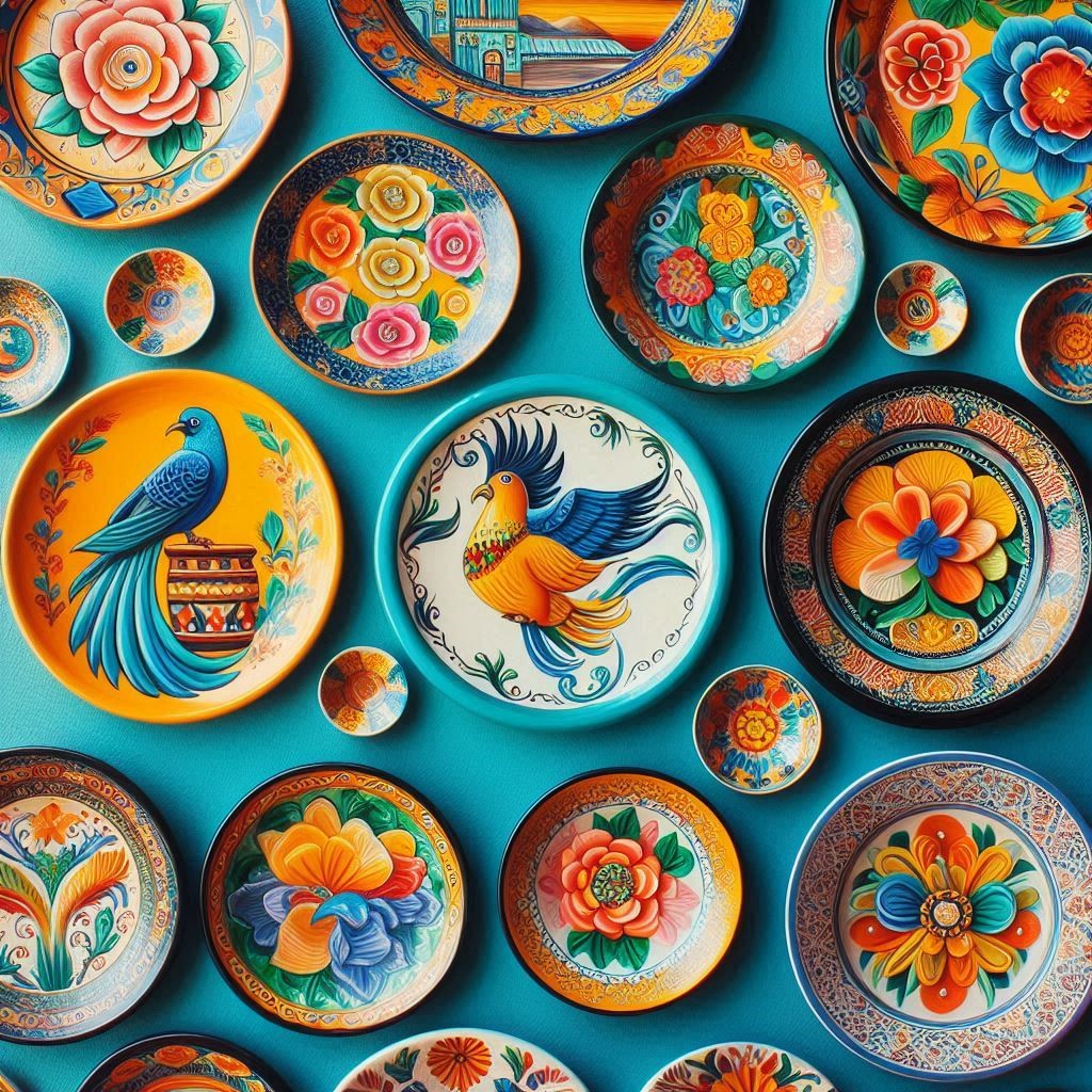 Decorative wall plates featuring vintage designs, floral patterns, and handcrafted ceramics