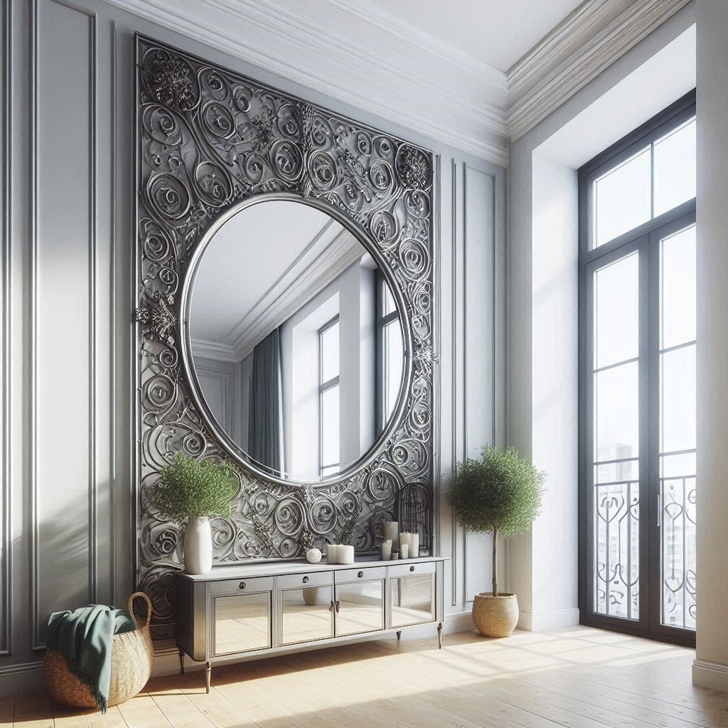 Handcrafted rustic mirror with a forged iron frame, perfect for bathrooms and living rooms.