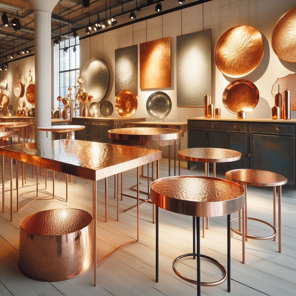 Round, square and rectangular metal table-tops handcrafted in copper and zinc for kitchen, dining, and commercial use.