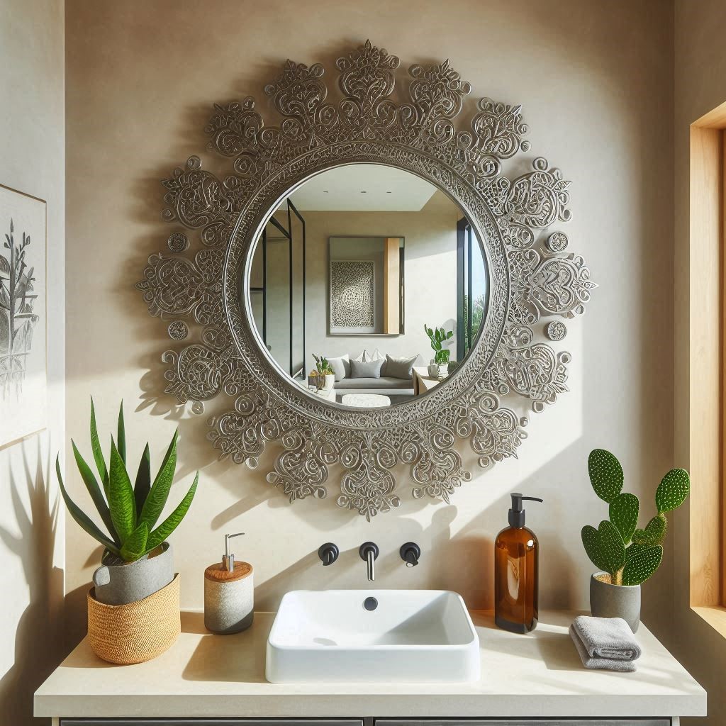 Handcrafted punched tin mirror with an antique silver finish, perfect for rustic and vintage interior.