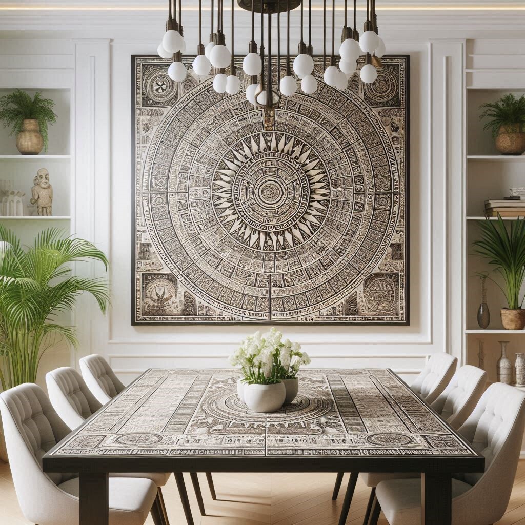 Handcrafted wooden Aztec calendar tabletop with engraved Sun Stone design, perfect for dining or display.