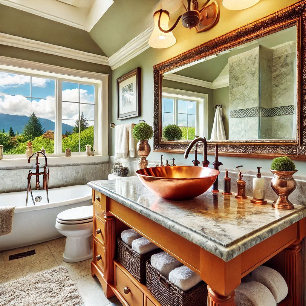 Undermount copper bathroom sink with a natural, elegant finish, showcasing its sleek design and rustic appeal, installed under a countertop.