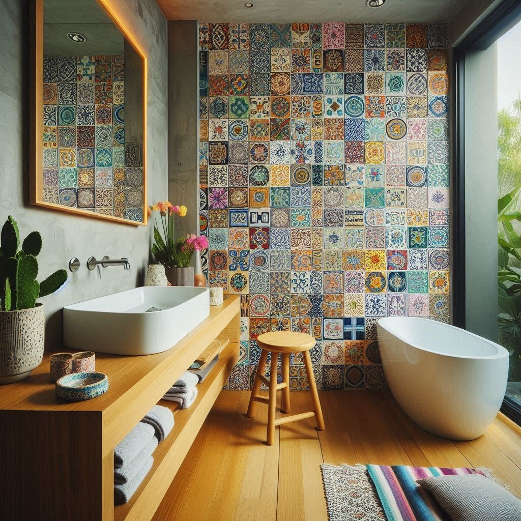 Modern bathroom decorated with colorful ceramic tiles from Mexico, showcasing vibrant colors and intricate patterns, adding a touch of Mexican artistry to the space.