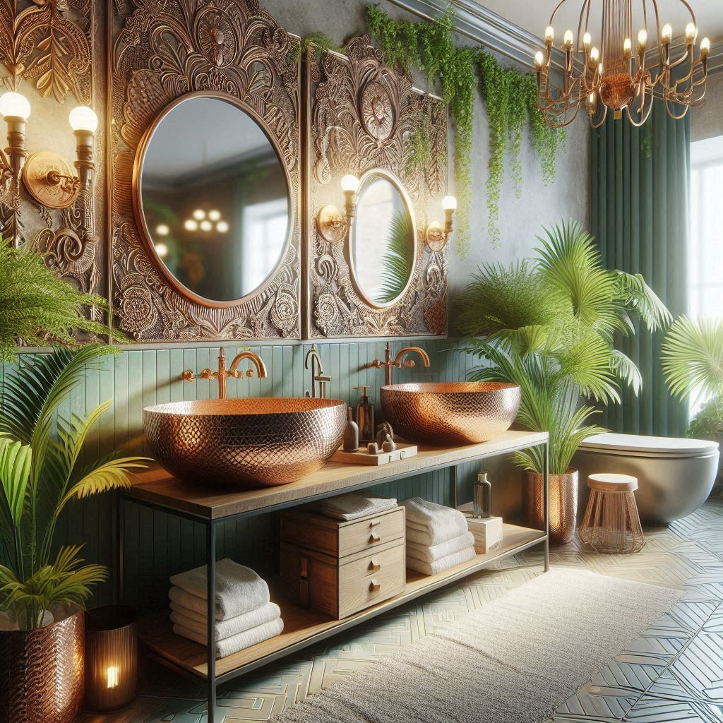 Handcrafted copper sinks in a rustic bathroom, adding a touch of elegance and warmth to the space."