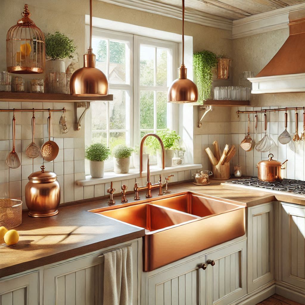 Double bowl copper kitchen sink in a bright kitchen, combining functionality with modern design.