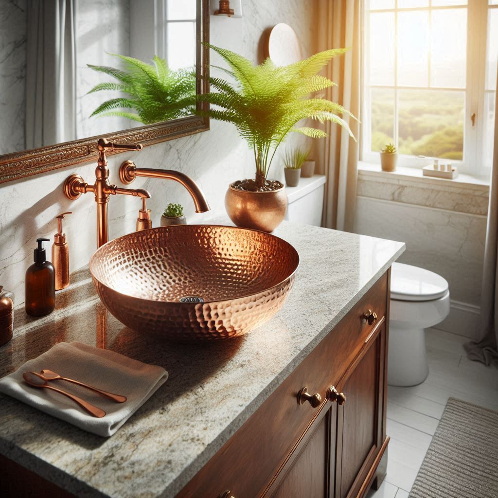 Hammered copper sink installed in a granite counter in a bright bathroom, combining rustic charm with modern elegance.