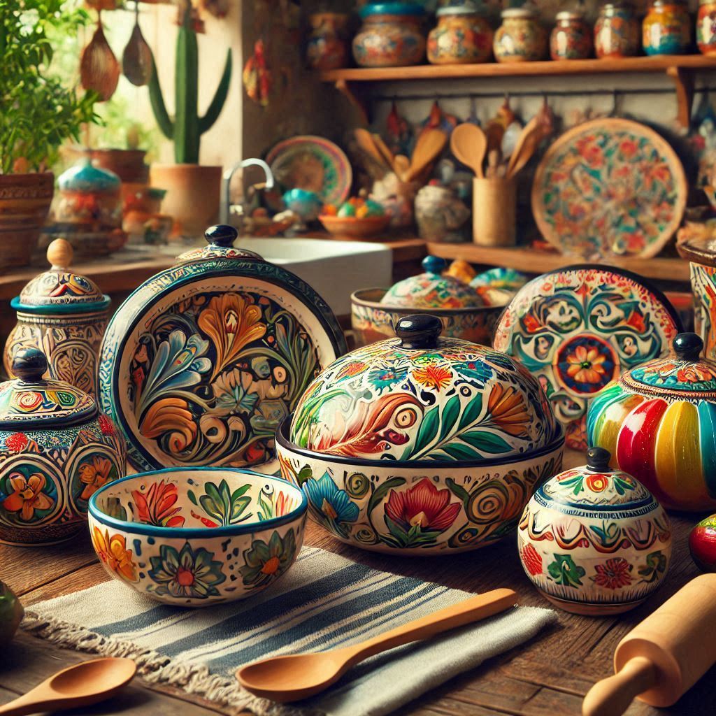 Hand-painted Mexican pottery displayed in a rustic kitchen setting, showcasing vibrant colors and intricate folk art patterns.