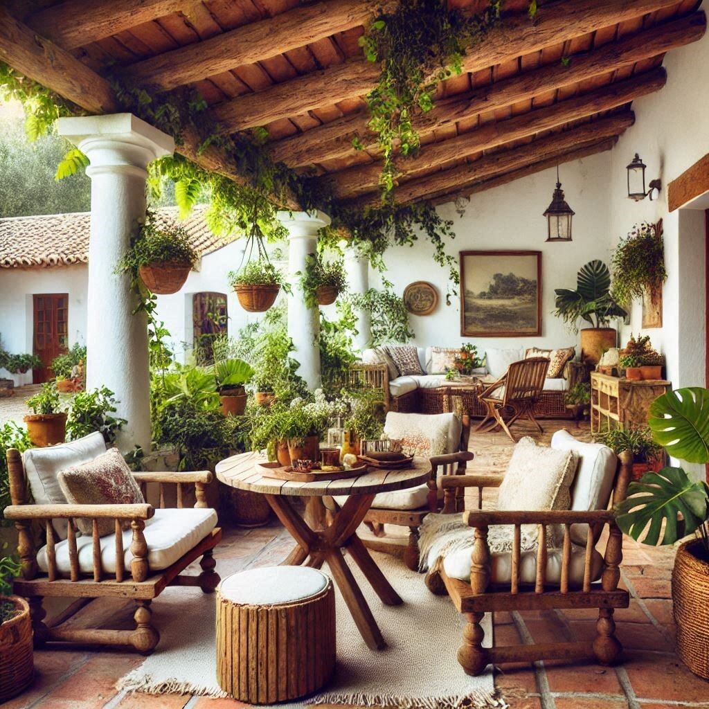 Handcrafted rustic patio furniture set with wrought iron chairs and a wooden equipal and metal dining table, perfect for outdoor spaces.