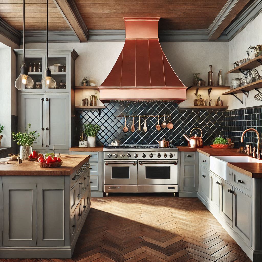 Large bright kitchen with a dark metal range hood and a copper sink, combining modern design with rustic elements.