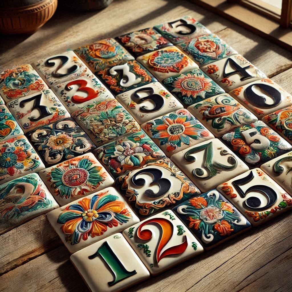 Hand-painted ceramic house number tiles from Mexico, featuring vibrant colors and unique designs, perfect for enhancing your home's exterior.
