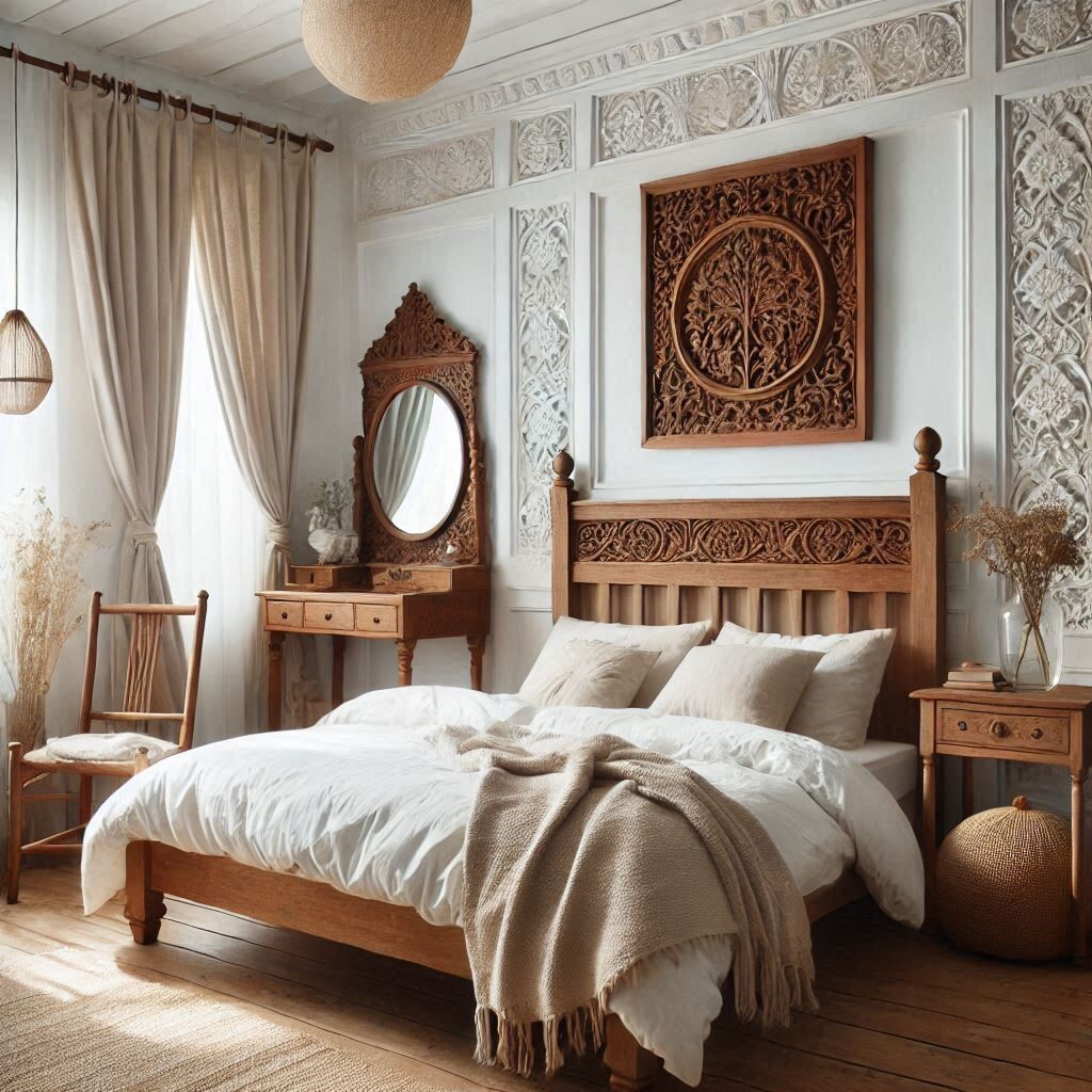 Handcrafted rustic wooden headboard with a distressed finish, adding a warm, vintage touch to a cozy bedroom.