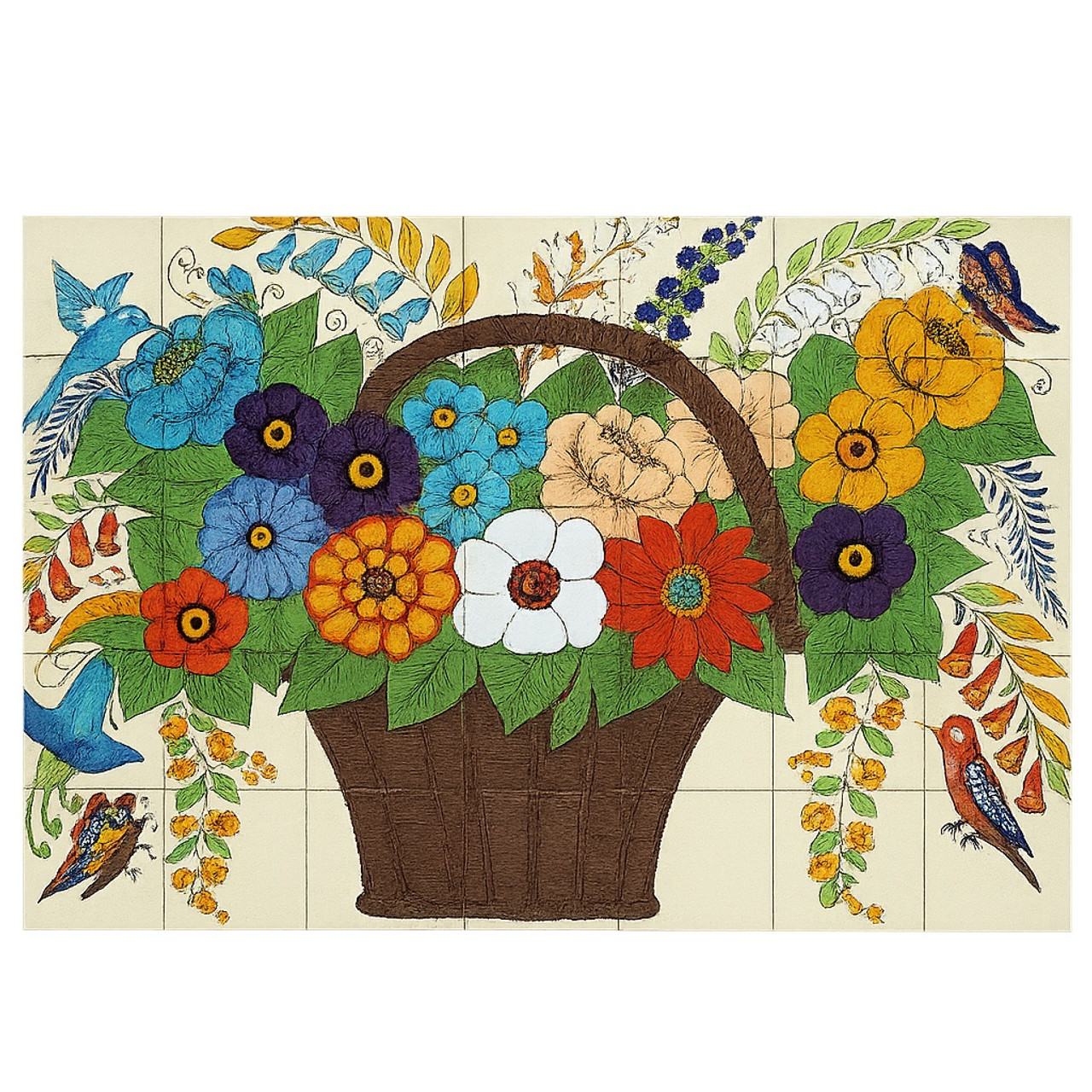 Mexican Tile Mural Flower Basket – Hand-Painted Talavera Art