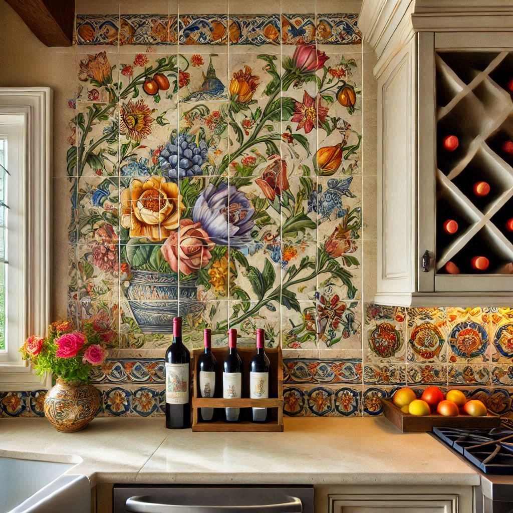 Hand-painted kitchen tile mural featuring a rustic wine theme with colorful grapevines and vineyard accents.