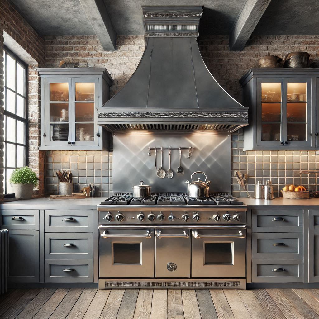 Pewter range hood in a loft kitchen, combining industrial style with modern design.